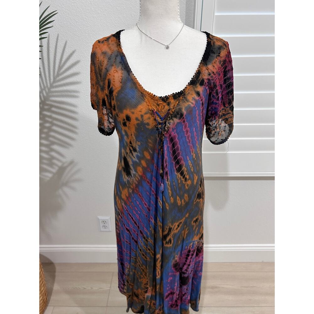Advance Apparels Tie‑Dye Cotton Dress One Size (Fits 10–14) Vintage 1970s Style